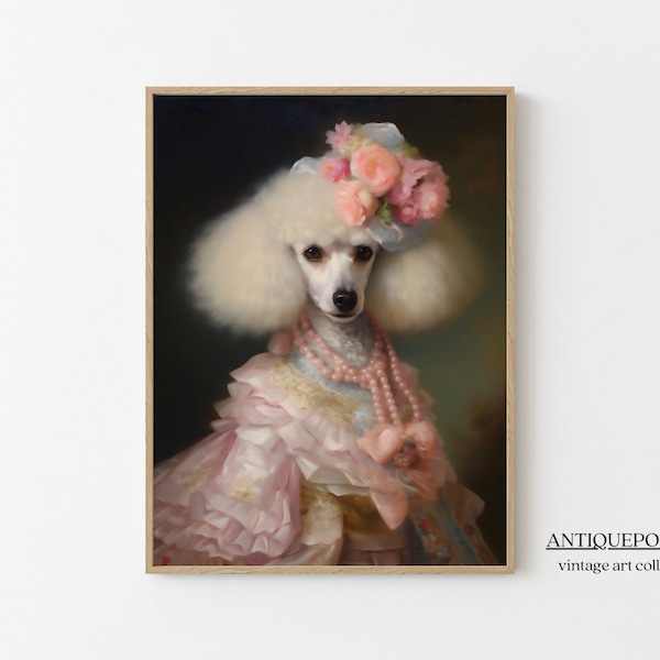 Portrait animalier victorien, imprimés animaliers habillés, chienne royale, impression d'art modifiée, impression caniche Renaissance sombre de mauvaise humeur, cadeau pour amoureux des animaux de compagnie