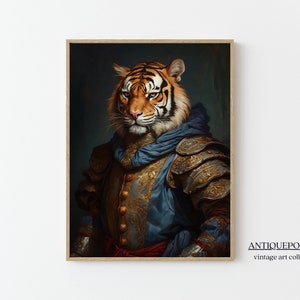 Retrato de animales victoriano, estampados de animales vestidos, cartel del tigre real, impresión de arte alterado, retrato de animales renacentista, decoración de pared vintage