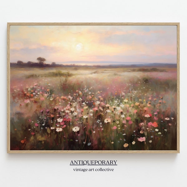 Wildflower veld landschap olieverfschilderij, vintage zonsondergang landschap Art Print, land veld muur kunst digitale download, natuur afdrukbare kunst