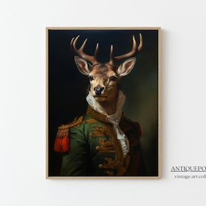 Retrato de animal victoriano, estampado de animales vestidos, retrato de estilo vintage de ciervo real, cartel renacentista de animales de mal humor oscuro, regalo de amante de los animales