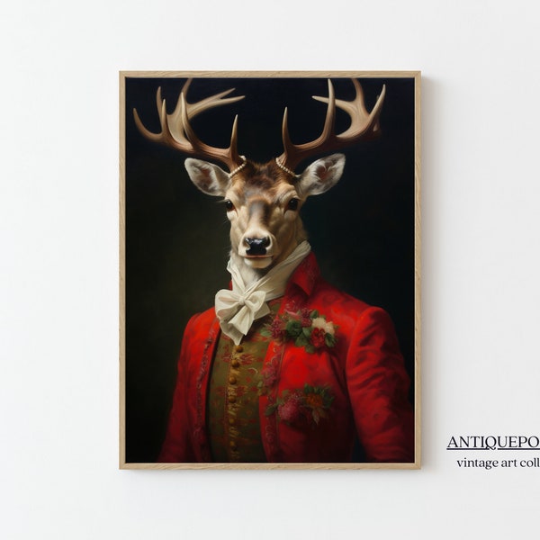 Ritratto di animali vittoriani, pittura di animali reali, stampa artistica su tela vintage di cervo reale, poster di animali rinascimentali gotico scuro, decorazione da parete