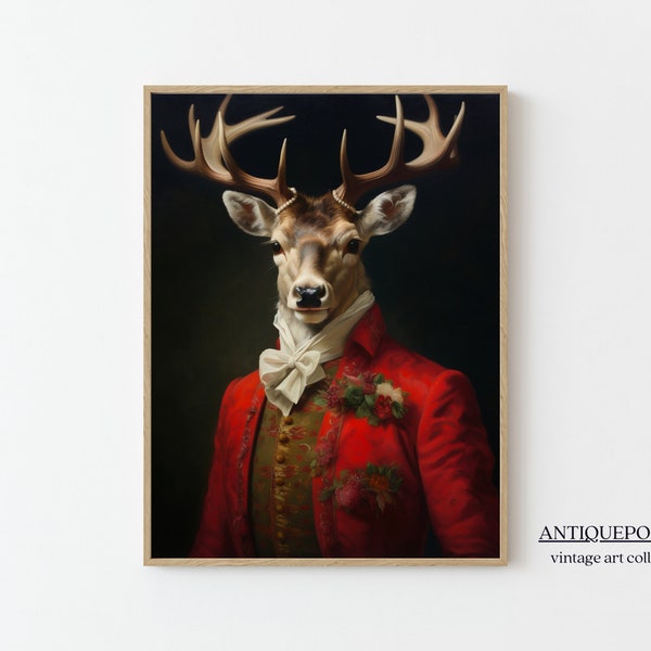 Portrait d’animaux victoriens, peinture d’animaux royaux, impression d’art sur toile vintage de cerf royal, affiche d’animaux de la Renaissance gothique foncé, décoration murale