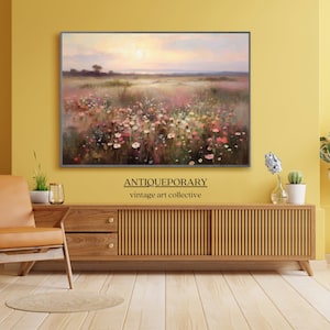 Peinture à l'huile de paysage de champ de fleurs sauvages, impression d'art vintage de paysage de coucher de soleil, téléchargement numérique d'art mural champ de pays, art imprimable de la nature image 8