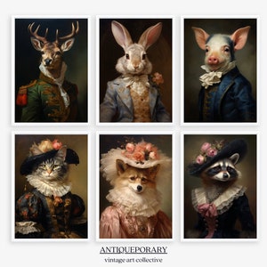 Retrato de animal victoriano, Juego de 6, Pintura de animales reales, Estampado de animales vestidos, Póster renacentista de animales de mal humor oscuro, Regalo para amantes de los animales