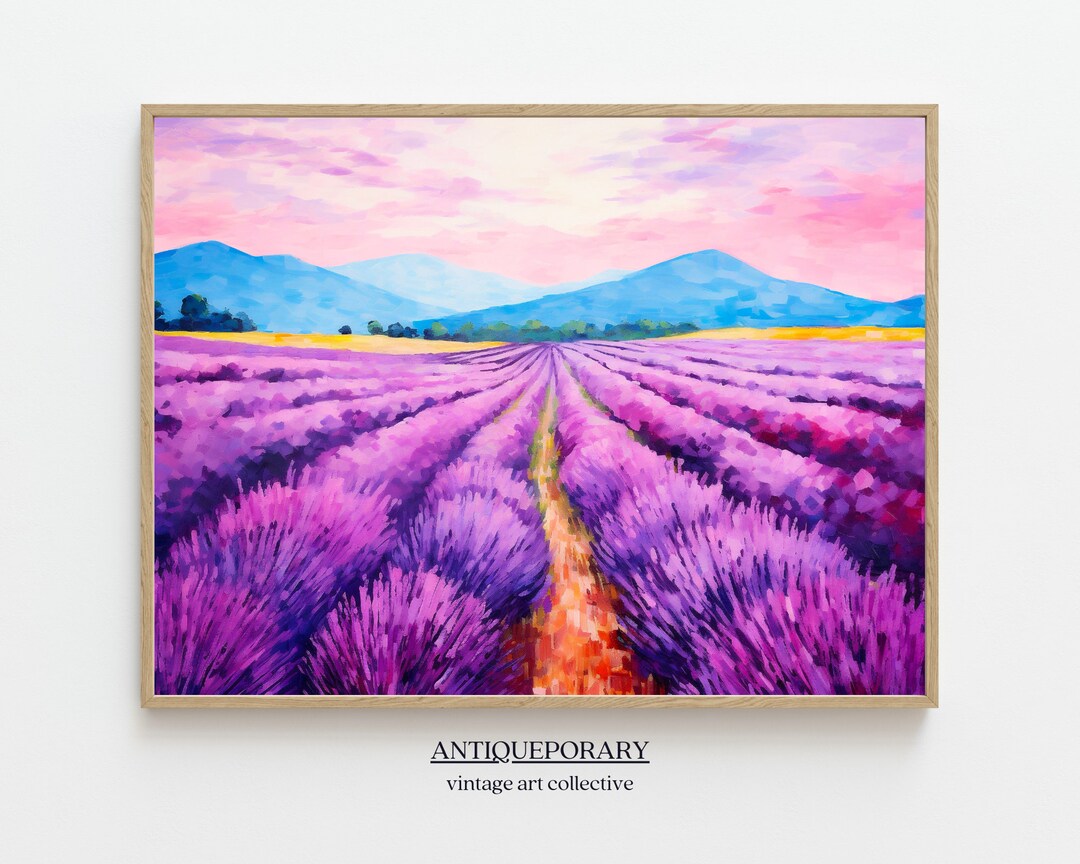 Lavender Field Painting, Lavender Vintage Oil Painting, Vintage Meadow
