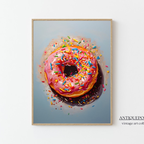 Donut Still Life Painting Pink Modern Pop Art Colorful Food Print Trendy Retro Painting Still Life Kitchen Print Printable Fine Art