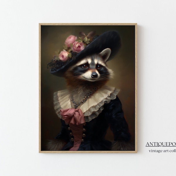 Victorian Animals Portrait, Royal Lady Raccoon Vintage Print, Renaissance Animal Dark Moody Animal Poster, Altered Art, Animal Lover Gift