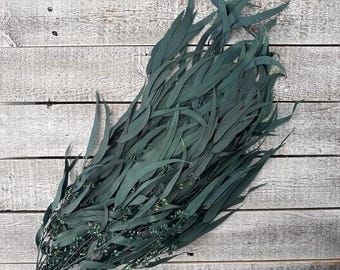 May include: A bundle of dark green eucalyptus leaves and small buds, arranged on a weathered, light gray wooden surface. The long, slender leaves have a slight curve, and the buds add texture. This image showcases natural greenery.