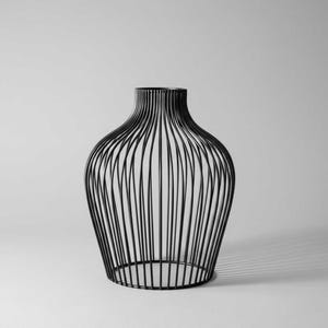 Sculptural Aztec Black Iron Vase, Open Frame Accent for Table Decor