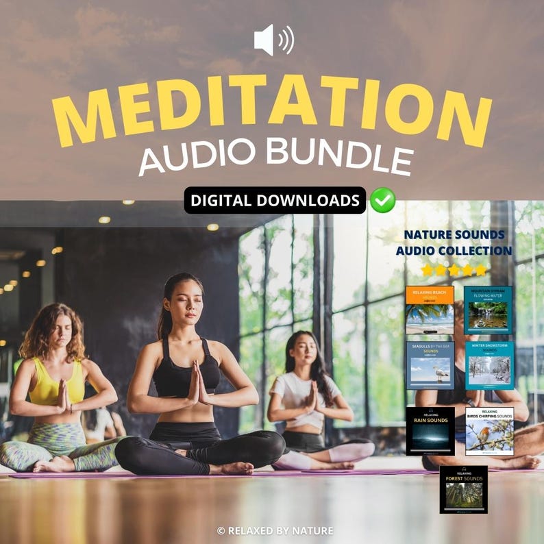 Puede incluir: Un paquete de descarga digital de sonidos de la naturaleza para la meditaci&oacute;n. El paquete incluye una colecci&oacute;n de sonidos de la naturaleza, sonidos de lluvia y sonidos de bosque. La imagen muestra a un grupo de personas meditando en un estudio de yoga.