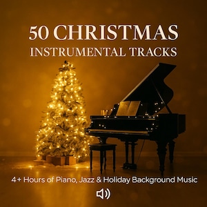 May include: An image promoting 50 Christmas instrumental tracks. A lit Christmas tree stands next to a black grand piano with sheet music. The text reads "50 Christmas Instrumental Tracks" and "4+ Hours of Piano, Jazz & Holiday Background Music."
