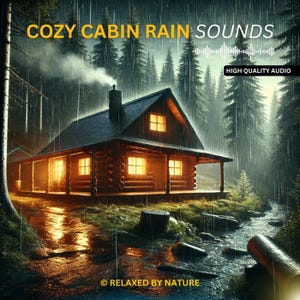 Puede incluir: Una acogedora cabaña de madera con ventanas iluminadas se encuentra en un bosque con un arroyo que fluye frente a ella. La lluvia cae del cielo y el texto "COZY CABIN RAIN SOUNDS" está en la parte superior de la imagen. El texto "HIGH QUALITY AUDIO" está en la parte inferior de la imagen.