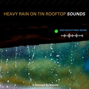May include: Image featuring the text "HEAVY RAIN ON TIN ROOFTOP SOUNDS" with a green checkmark and the words "HIGH QUALITY REAL SOUND." The image shows raindrops falling against a blurred green and blue background.