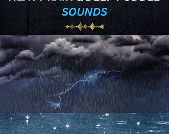 May include: A dark stormy sky with lightning and heavy rain falling on a dark blue body of water. The text "HEAVY RAIN & DEEP PUDDLE SOUNDS" is at the top of the image. The text "© RELAXED BY NATURE" is at the bottom of the image.