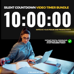 May include: An advertisement for a digital product shows a woman using a laptop with a timer overlay. The text reads "SILENT COUNTDOWN VIDEO TIMER BUNDLE" and "10:00:00". Additional text includes "IMPROVE YOUR FOCUS AND PRODUCTIVITY" and "INSTANT DIGITAL DOWNLOAD WORKS ON ALL DEVICES START FOCUSING TODAY".