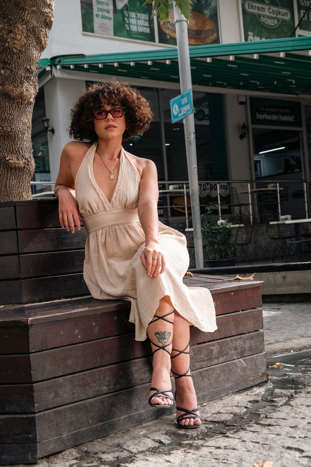 Beige Linen Bow Dress