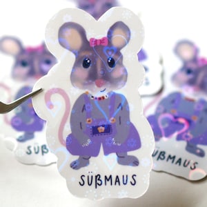 Pegatina Sweet Mouse Holográfica, pintada a mano, pegatina de vinilo brillante con ilustración de ratón, efecto arcoíris