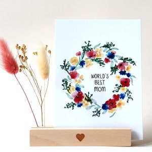 Carte de vœux pour maman – Meilleure maman du monde, fleurs à l'aquarelle sur papier de haute qualité, fête des mères ou anniversaire