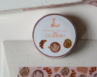 Coffee Washi Tape – Hand-painted design with cinnamon roll, latte art & croissant, artist washi for journaling, DIY – 15 mm x 10 m