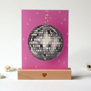 Klappkarte mit Discokugel – Handgemalt auf BIO TOP Papier, Pinker Hintergrund, Nachhaltige Grußkarte mit Umschlag, Retro Vibes