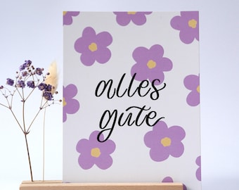 All the best, birthday card, greeting card, flowers purple yellow, handlettering, postcard A6