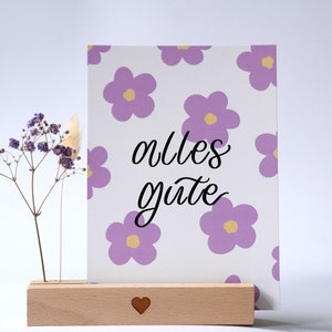 Alles gute, geburtstagskarte, glückwunschkarte, blumen lila gelb, handlettering, postkarte A6