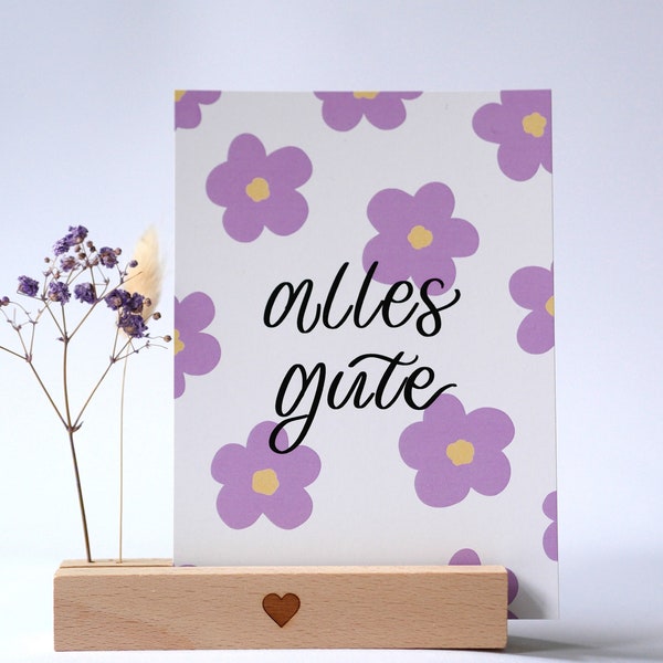 alles gute, geburtstagskarte, glückwunschkarte, blumen lila gelb, handlettering, postkarte A6