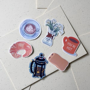 6-teiliges Stickerset Kaffeekränzchen Kaffee-Aufkleber Croissant, pain au chocolat chemex Kaffeetasse glitzernde Kaffeekanne