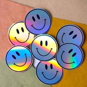 2x Smileyy Stickerset, Holografische Sticker, Glanzend, Positieve Vibes, Regenboogkleuren