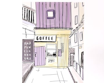 Print A4 coffeeplace, small urban coffeeshop, lila, Poster für coffee lover