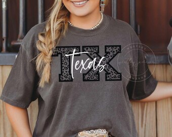 Comfort Colors Texas Shirt, Texas Gift, Retro Texas Tee, Texas Travel Gift, Western American Tshirt, Leopard Print Texas Tee, TX Gifts