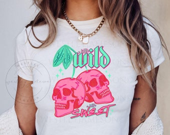 Neon Wild Cherry Skull Baby Tee Y2K, Women's Fitted Tee, Neon Baby Tee, Retro 90s Baby Tee, Aesthetic Y2K Shirt, Trendy Y2K Tee, Skull Tee