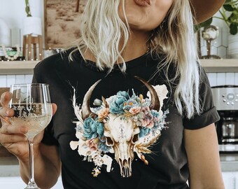 Boho Cow Skull Shirt, Country shirt, Wild West Shirt, Western Graphic Tee, Cowgirl Shirt, Bull Skull Shirt, Southwest Shirt Western Clothing