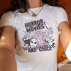 90s Horror Movie Baby Tee, Horror Movie Fan Fitted Graphic Tshirt, Spooky Season Baby Tee, Retro Horror Night, Halloween Tee