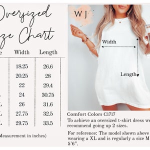 K&ouml;nnte beinhalten: Gr&ouml;&szlig;entabelle f&uuml;r ein Oversize-T-Shirt-Kleid. Die Tabelle zeigt die Breite und L&auml;nge in Zoll f&uuml;r die Gr&ouml;&szlig;en S bis 4XL. Comfort Colors C1717. Um ein Oversize-T-Shirt-Kleid zu erhalten, empfehlen wir, 2 Gr&ouml;&szlig;en gr&ouml;&szlig;er zu w&auml;hlen. Als Referenz: Das Model auf dem Bild tr&auml;gt eine XL und tr&auml;gt normalerweise eine Gr&ouml;&szlig;e M und ist 1,68 m gro&szlig;.