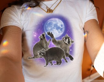 Three Raccoons Galaxy Graphic Baby Tee, Retro Raccoon Moon Tshirt, Raccoon Lovers, Funny Raccon Tee, Fitted Trash Panda Tee, Raccoon Gifts