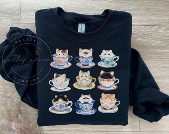 Enchanted Tea Time Kittens Sweatshirt, Vintage Watercolor Kittens In Teacups Sweatshirt, Cute Kitten Crewneck, Gift For Cat Lover, Cat Gifts