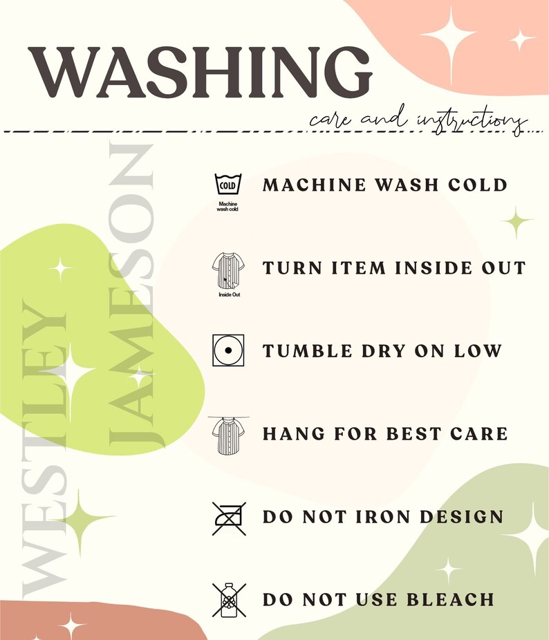 Puede incluir: Instrucciones de lavado para una prenda. Las instrucciones incluyen lavar a m&aacute;quina con agua fr&iacute;a, voltear la prenda del rev&eacute;s, secar en secadora a baja temperatura, colgar para un mejor cuidado, no planchar el dise&ntilde;o y no usar lej&iacute;a.