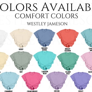 Puede incluir: Un gr&aacute;fico que muestra 12 colores diferentes de camisetas disponibles para comprar. Los colores son: Blanco, Marfil, Denim Lavado, Salm&oacute;n Brillante, Menta Pastel, Pl&aacute;tano, Bah&iacute;a, Azul Laguna, Arrecife Isla, Flor, Chambray, Frambuesa, Orqu&iacute;dea y Violeta.