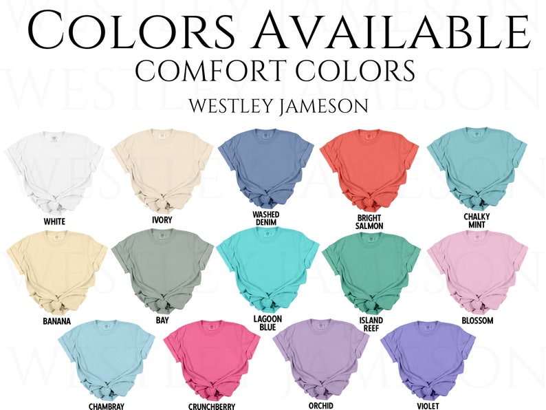 Puede incluir: Un gr&aacute;fico que muestra 12 colores diferentes de camisetas disponibles para comprar. Los colores son: Blanco, Marfil, Denim Lavado, Salm&oacute;n Brillante, Menta Pastel, Pl&aacute;tano, Bah&iacute;a, Azul Laguna, Arrecife Isla, Flor, Chambray, Frambuesa, Orqu&iacute;dea y Violeta.