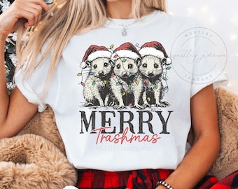 Comfort Colors Merry Trashmas Possum TShirt, Christmas Possum Shirt, Woodland Animals Nature Lover Crewneck, Humorous Trash Possum Shirts