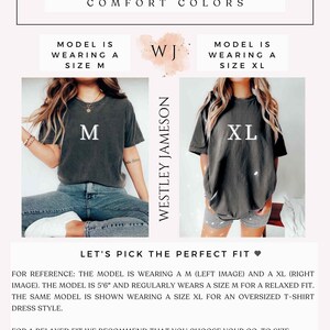 Puede incluir: Gu&iacute;a de tallas para un vestido de camiseta. La modelo lleva una talla M y una talla XL. El texto dice "Elige el ajuste perfecto". Para referencia, la modelo mide 1,68 m y normalmente lleva una talla M para un ajuste relajado. La misma modelo se muestra llevando una talla XL para un vestido de camiseta de gran tama&ntilde;o. Para un ajuste relajado, elige tu talla habitual. Para lograr un vestido de camiseta de gran tama&ntilde;o, sube dos tallas.