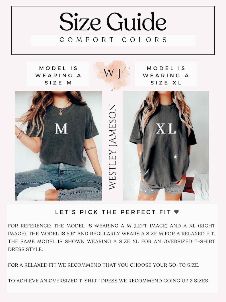 Puede incluir: Gu&iacute;a de tallas para un vestido de camiseta. La modelo lleva una talla M y una talla XL. El texto dice "Elige el ajuste perfecto". Para referencia, la modelo mide 1,68 m y normalmente lleva una talla M para un ajuste relajado. La misma modelo se muestra llevando una talla XL para un vestido de camiseta de gran tama&ntilde;o. Para un ajuste relajado, elige tu talla habitual. Para lograr un vestido de camiseta de gran tama&ntilde;o, sube dos tallas.