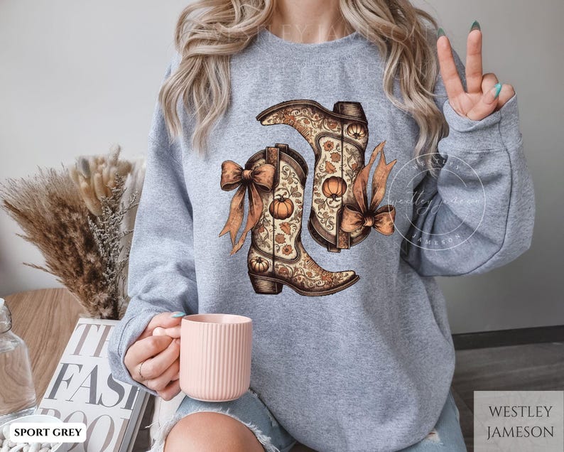 Western Fall Boots and Bows Pumpkin Season Sweatshirt, Cozy Autumn