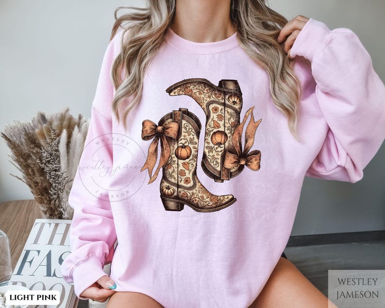 Western Fall Boots and Bows Pumpkin Season Sweatshirt, Cozy Autumn
