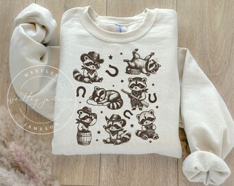 Western Raccoons Retro Graphic Sweatshirt, Vintage Raccoon Rodeo Sweater, Raccoon Lovers, Funny Raccoon Shirt, Cute Raccoon Crewneck