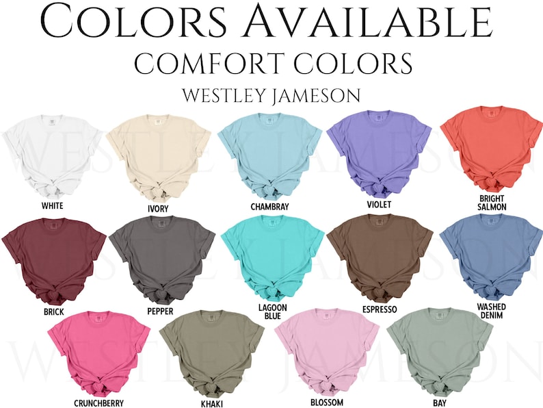 Pu&ograve; includere: Un grafico che mostra 14 colori diversi di t-shirt disponibili nella linea "Comfort Colors" di Westley Jameson. I colori includono bianco, avorio, Chambray, viola, salmone brillante, mattone, pepe, blu laguna, espresso, denim lavato, lampone, kaki, fioritura e baia.