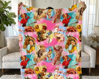 Vintage Cowgirl Pinup Blanket, Cozy Neon Western Print Blanket, Western Gift For Cowgirl, Velveteen Ranch Bedding Decor, Wild West Throw