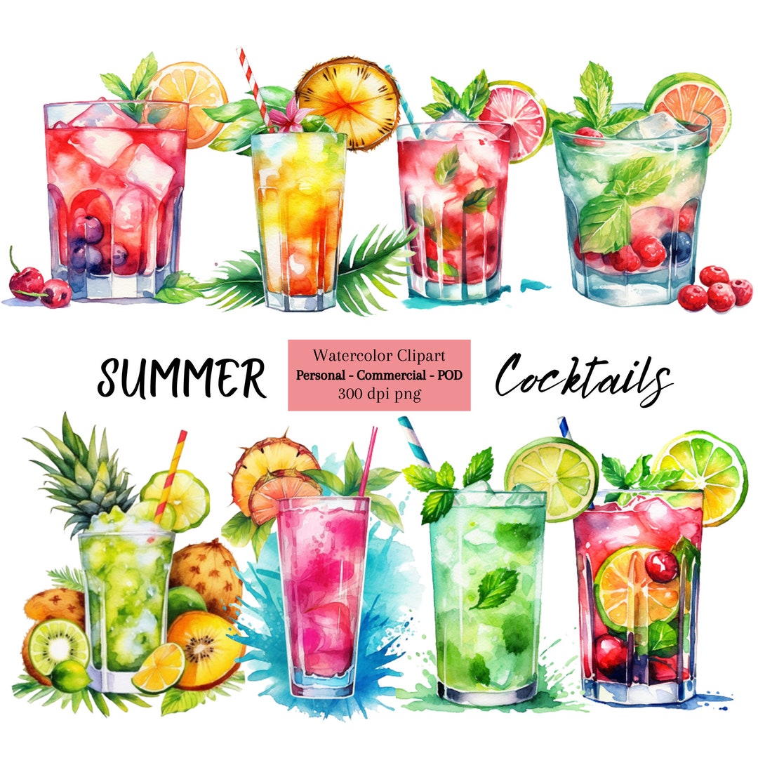 Watercolor Summer Cocktails Clipart Set Vibrant Tropical - Etsy