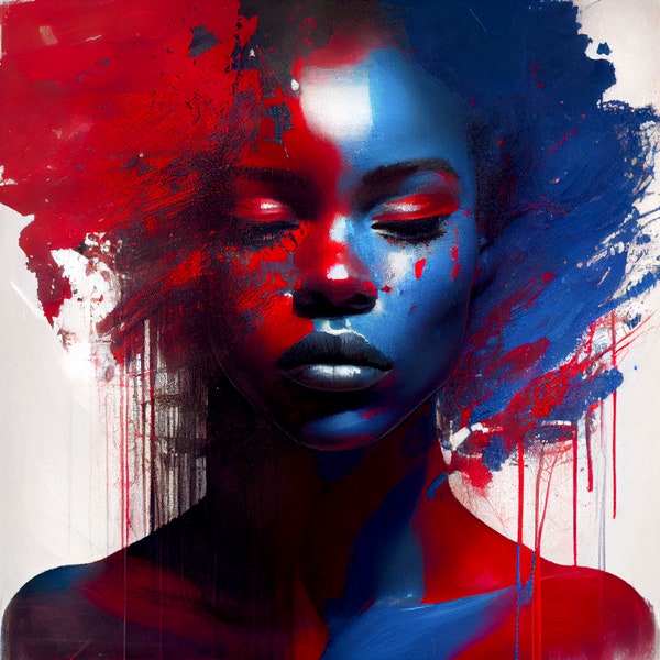 art, tirage, fine art, création, numérique, impression, papier, femme, noire, afrique, rouge, bleu, visage, beauté, couleur, peinture, carré